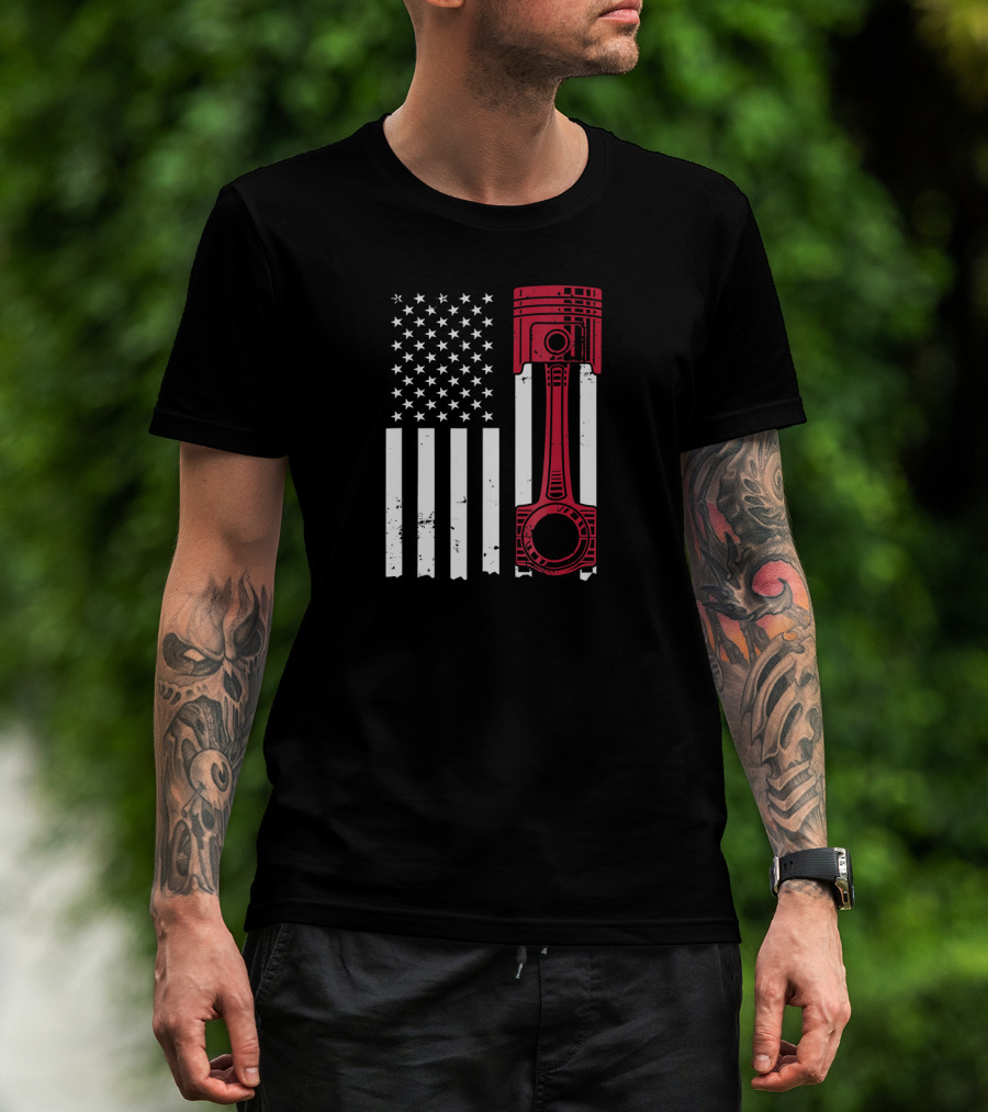 American Flag Piston Car Enthusiast Muscle T-Shirt