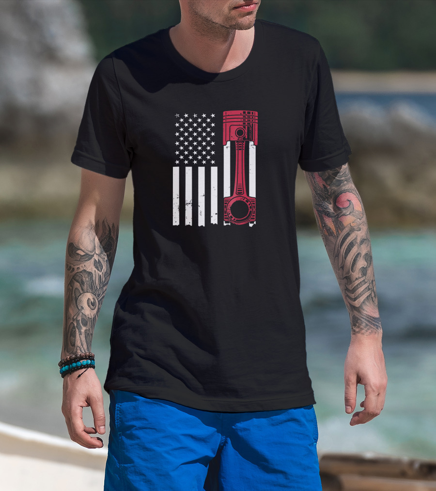 American Flag Piston Car Enthusiast Muscle T-Shirt