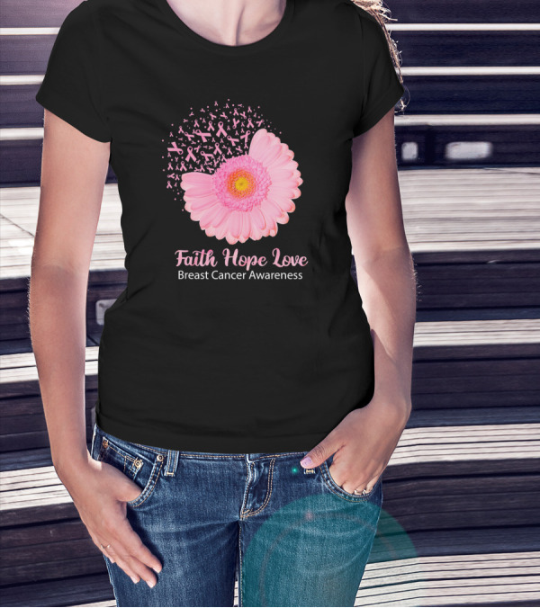 Faith Hope Love Pink Ribbon Florals Breast Cancer Awareness T-Shirt