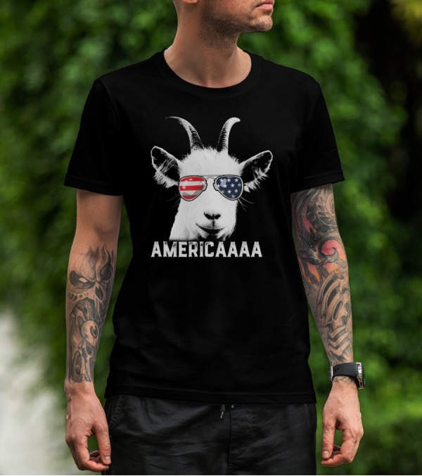AMERICAAAA Patriotic Goat USA Flag Sunglasses Independence Day T-Shirt