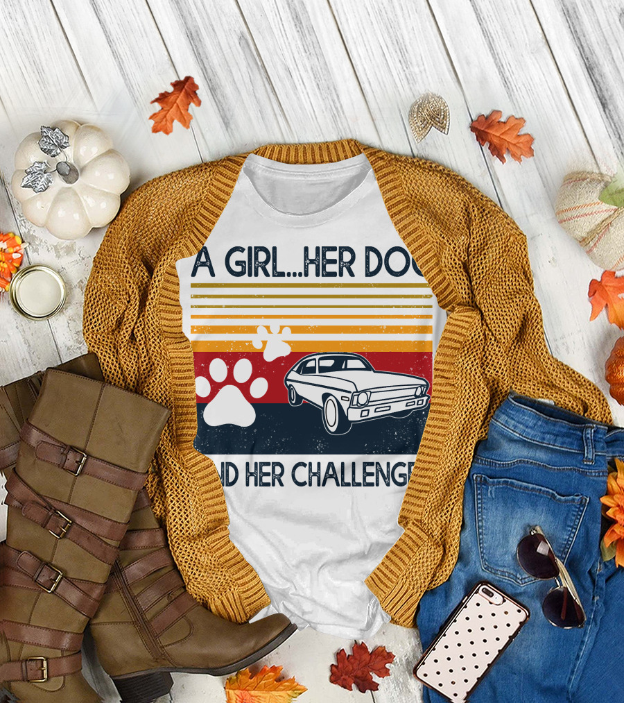 A Girl Her Dog And Her Challenger Vintage Car with Paw Prints T-Shirt