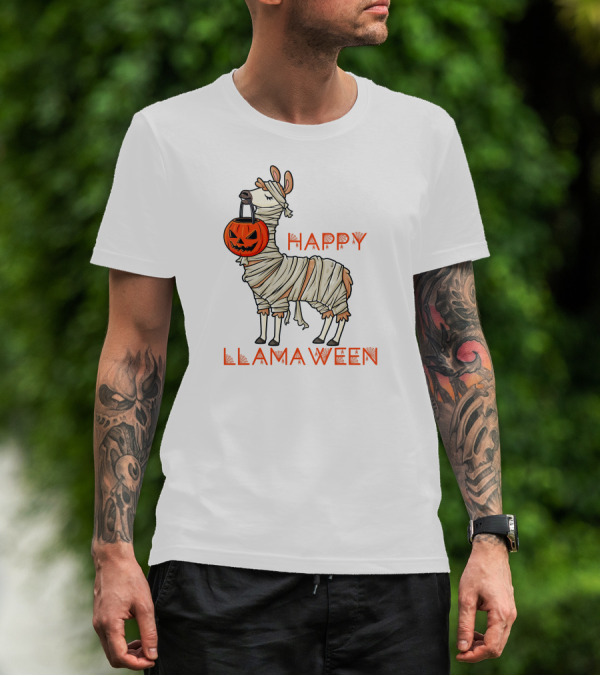 Happy Llamaween Halloween Llama Holding Pumpkin T-Shirt