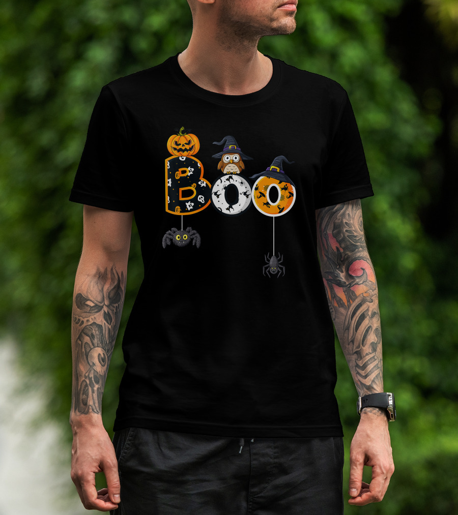 Halloween Boo Pumpkin Owl Witch Hat Spiders T-Shirt