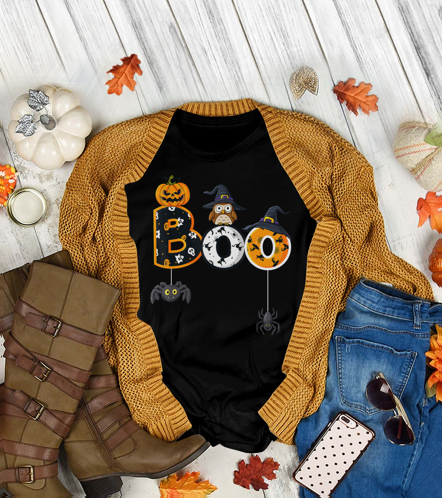 Halloween Boo Pumpkin Owl Witch Hat Spiders T-Shirt