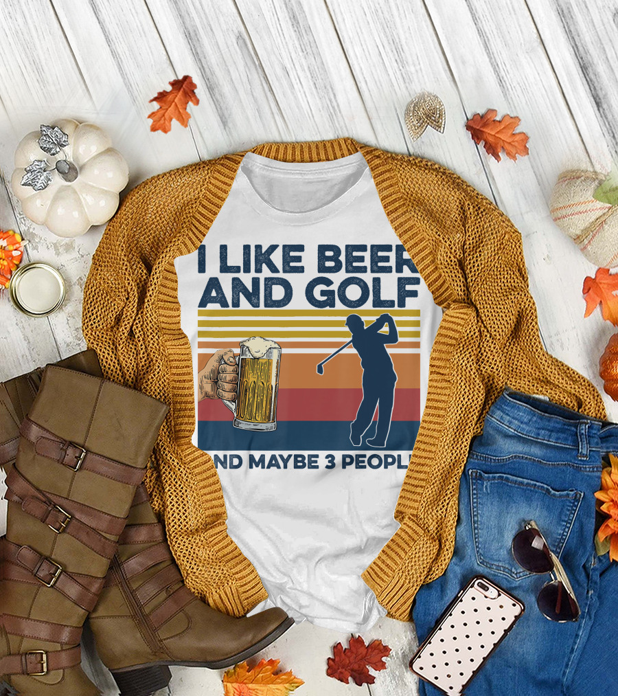 I Like Beer and Golf Maybe 3 People Retro Silhouette with Beer Mug T-Shirt