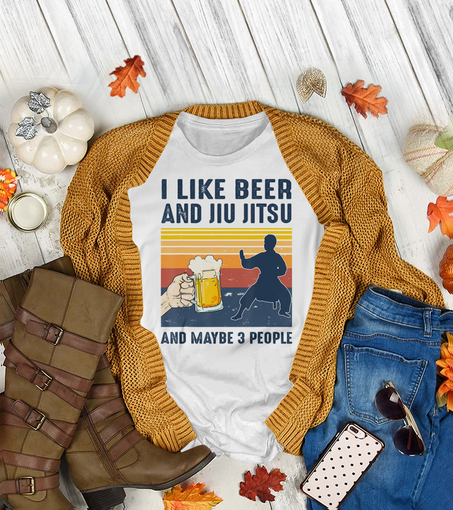 I Like Beer and Jiu Jitsu and Maybe 3 People Retro Sunset T-Shirt
