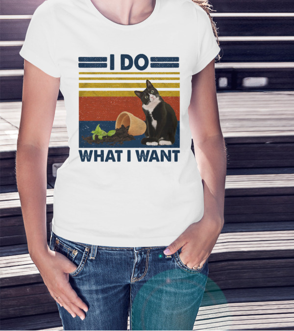 Tuxedo Kitty I Do What I Want Retro Stripes Plant Cup Soil T-Shirt