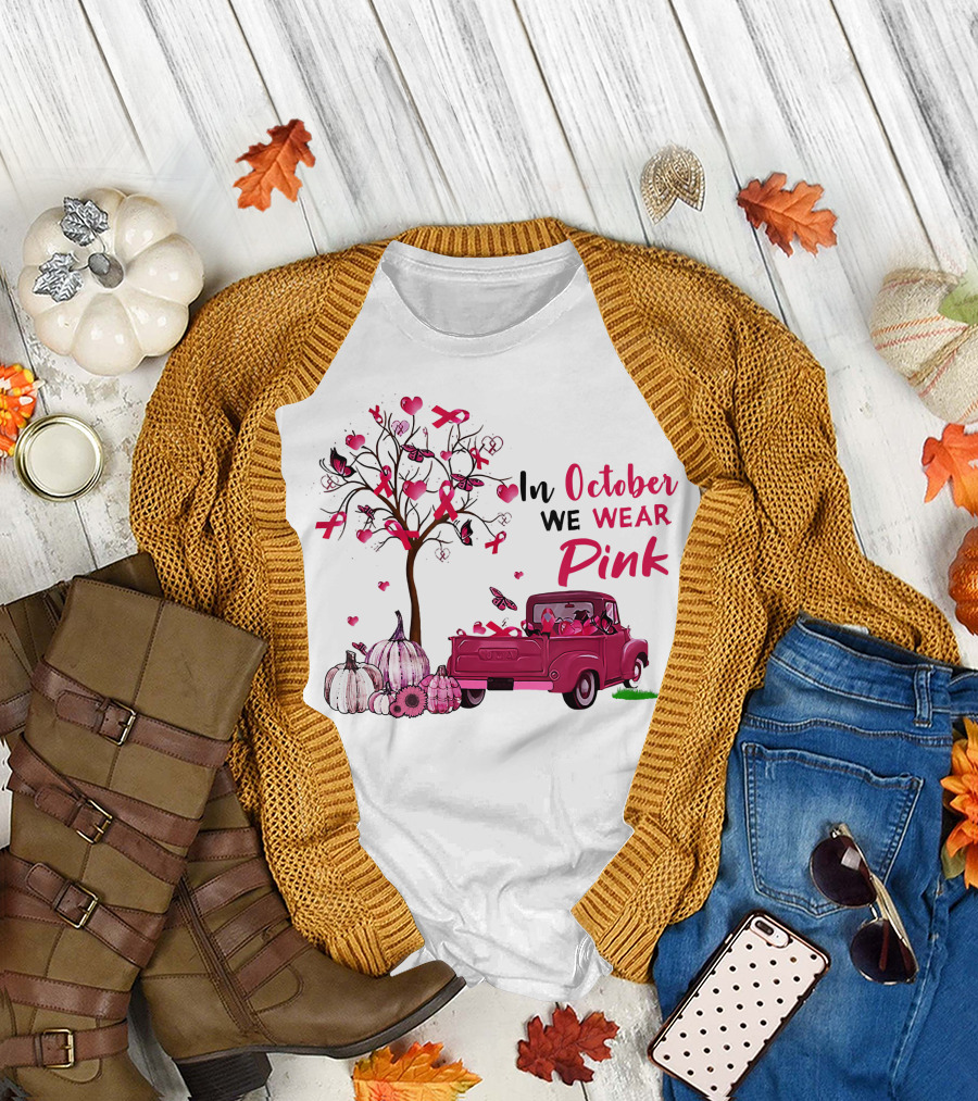 In October We Wear Pink Truck Pumpkins Breast Cancer Awareness T-Shirt