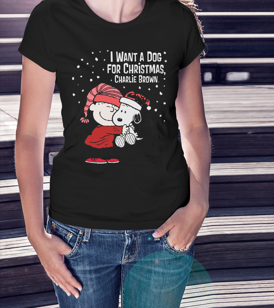 I Want A Dog For Christmas Charlie Brown Snoopy Hugging Linus Snow Scene T-Shirt