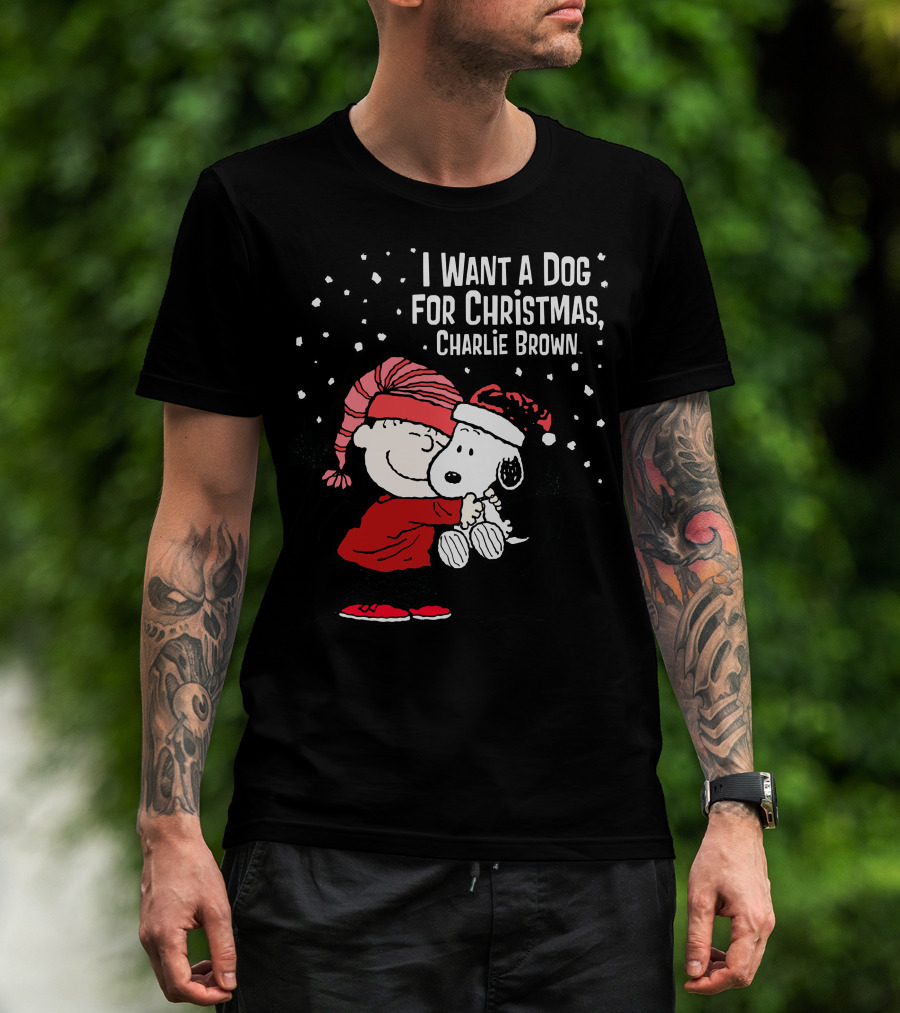 I Want A Dog For Christmas Charlie Brown Snoopy Hugging Linus Snow Scene T-Shirt