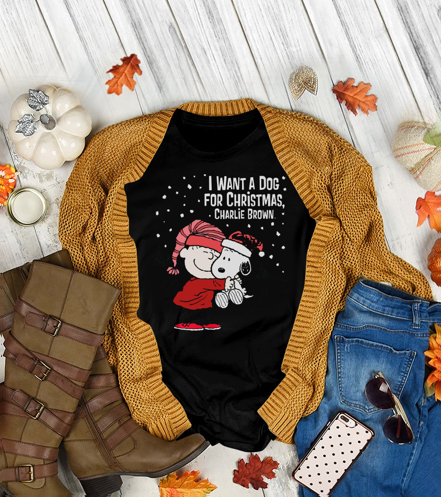 I Want a Dog for Christmas Charlie Brown Snoopy Hugging Linus Snow Scene T-Shirt