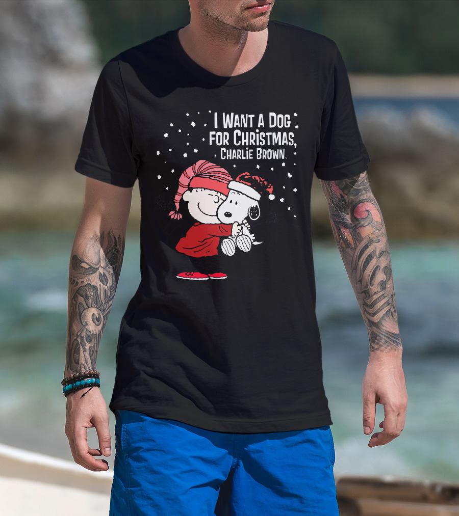 I Want A Dog For Christmas Charlie Brown Snoopy Hugging Linus Snow Scene T-Shirt
