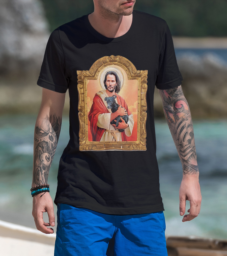Keanu Reeves St John Patron Holding Doggies Sacred Halo Frame T-Shirt