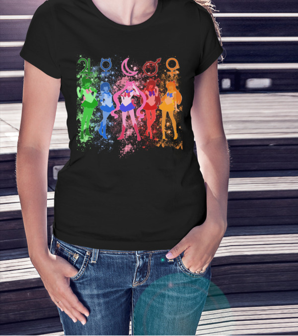 Sailor Moon The Inner Senshi With Planetary Symbols And Colorful Cosmic Background T-Shirt