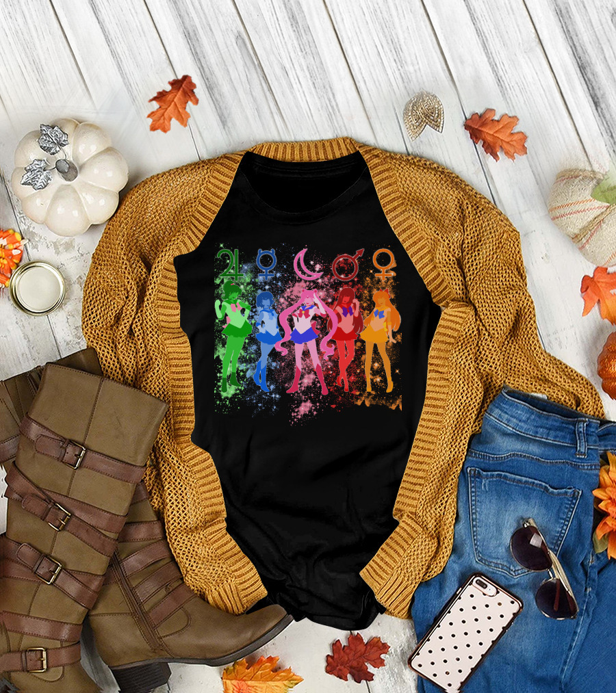 Sailor Moon The Inner Senshi with Planetary Symbols and Colorful Cosmic Background T-Shirt