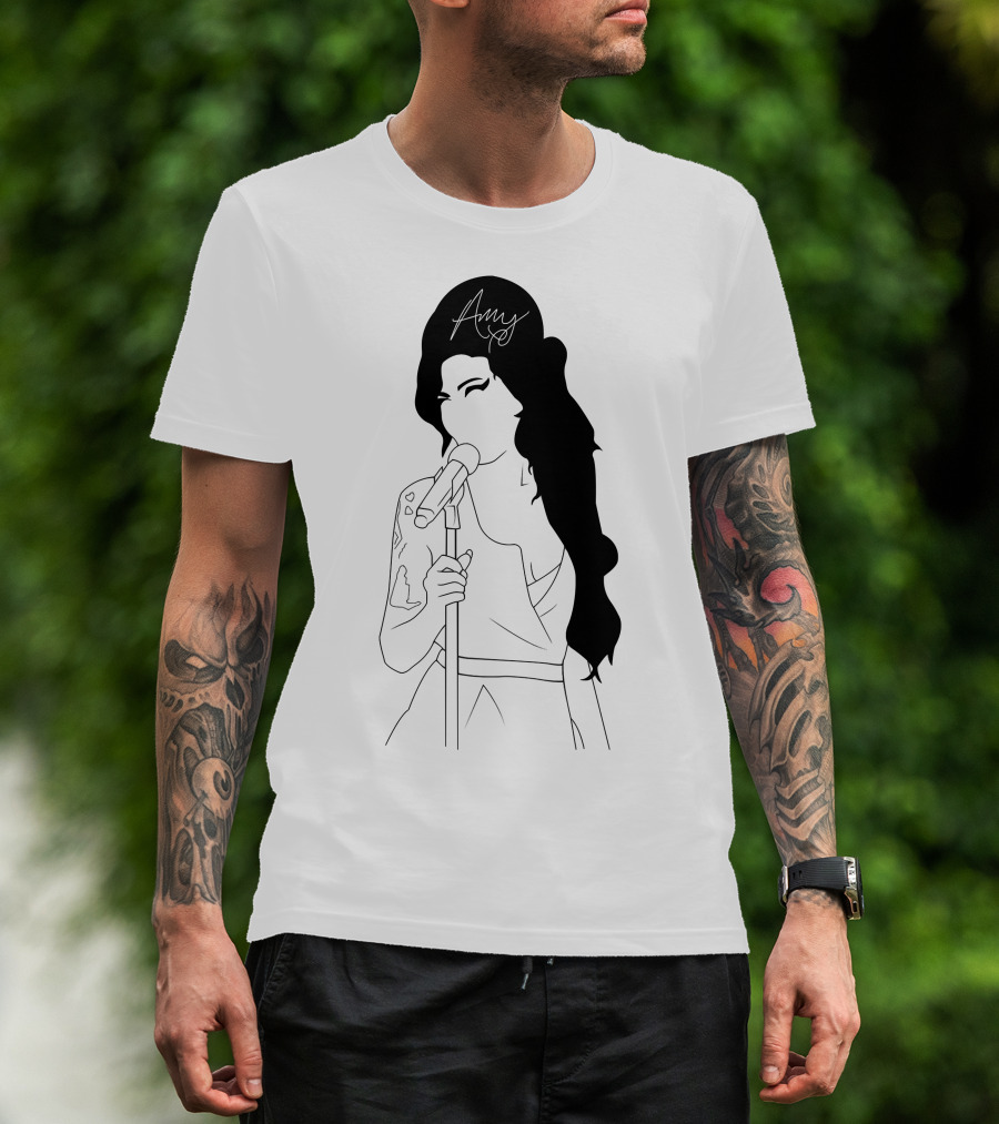 Amy Winehouse Line Art With Signature Mic Pose T-Shirt