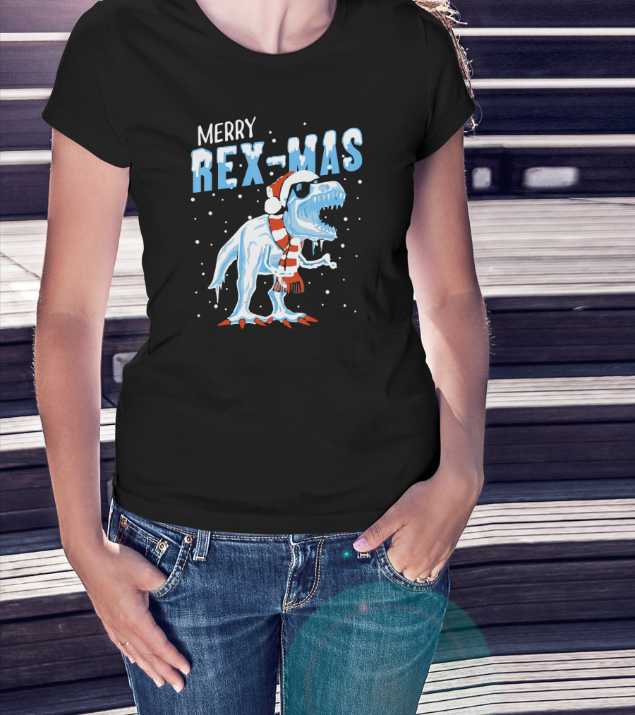Merry Rexmas Christmas Dinosaur Wearing Santa Hat And Scarf T-Shirt