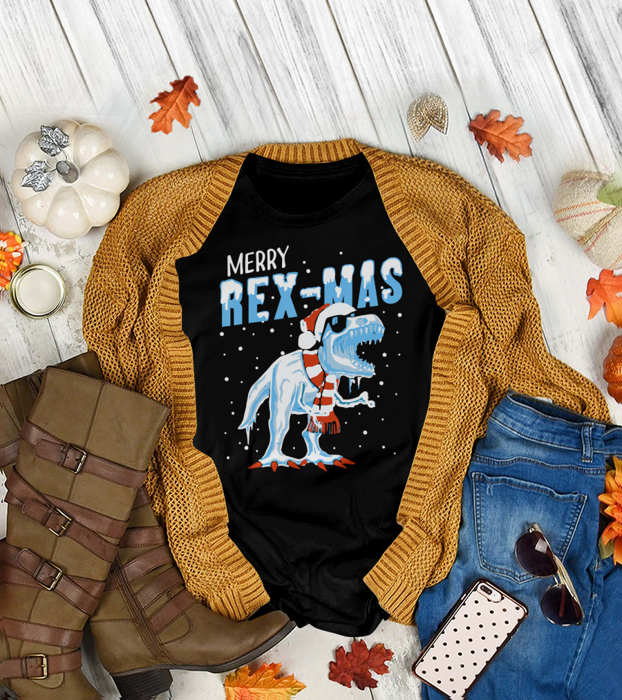 Merry Rexmas Christmas Dinosaur Wearing Santa Hat And Scarf T-Shirt