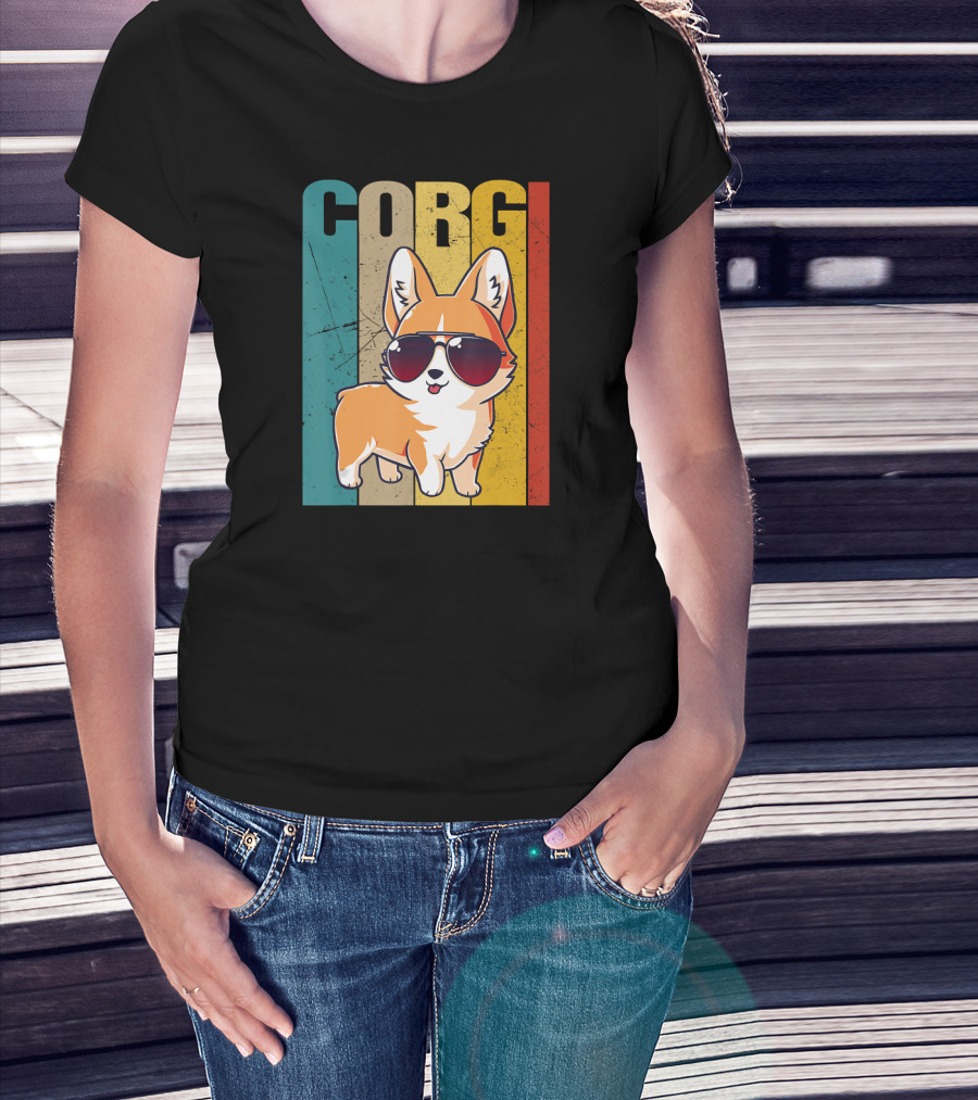 Corgi With Sunglasses Retro Stripes T-Shirt