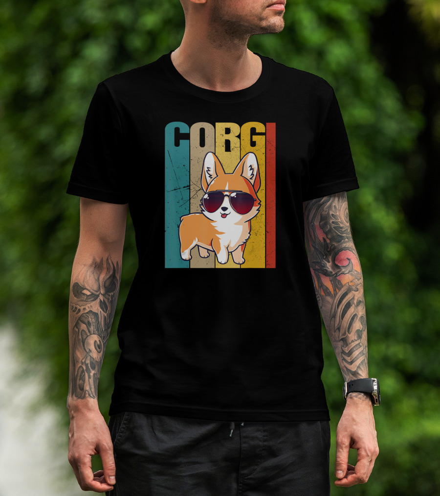Corgi With Sunglasses Retro Stripes T-Shirt
