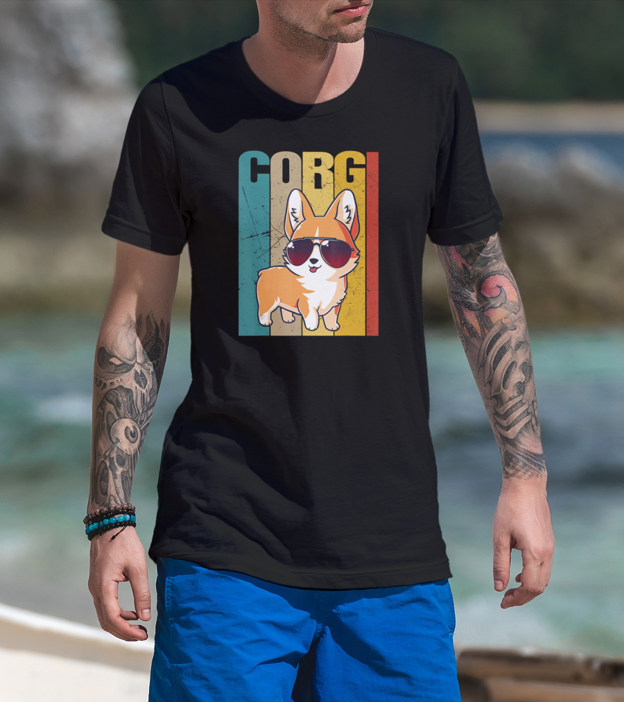 Corgi With Sunglasses Retro Stripes T-Shirt