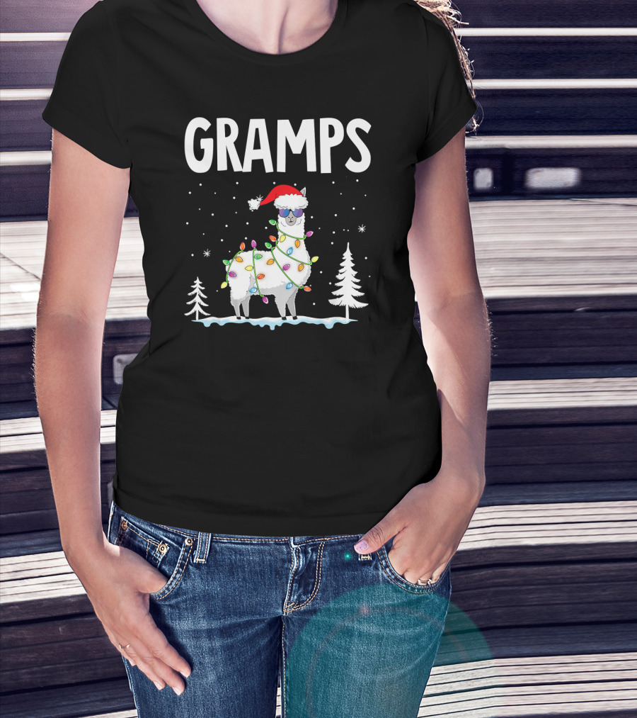 GRAMPS Llama Christmas Lights Holiday Snow Santa Hat T-Shirt