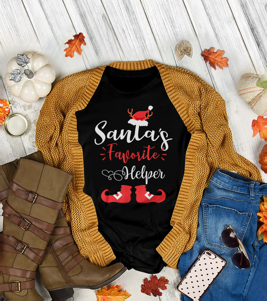 Santa's Favorite Helper Reindeer Antlers and Red Elf Shoes T-Shirt