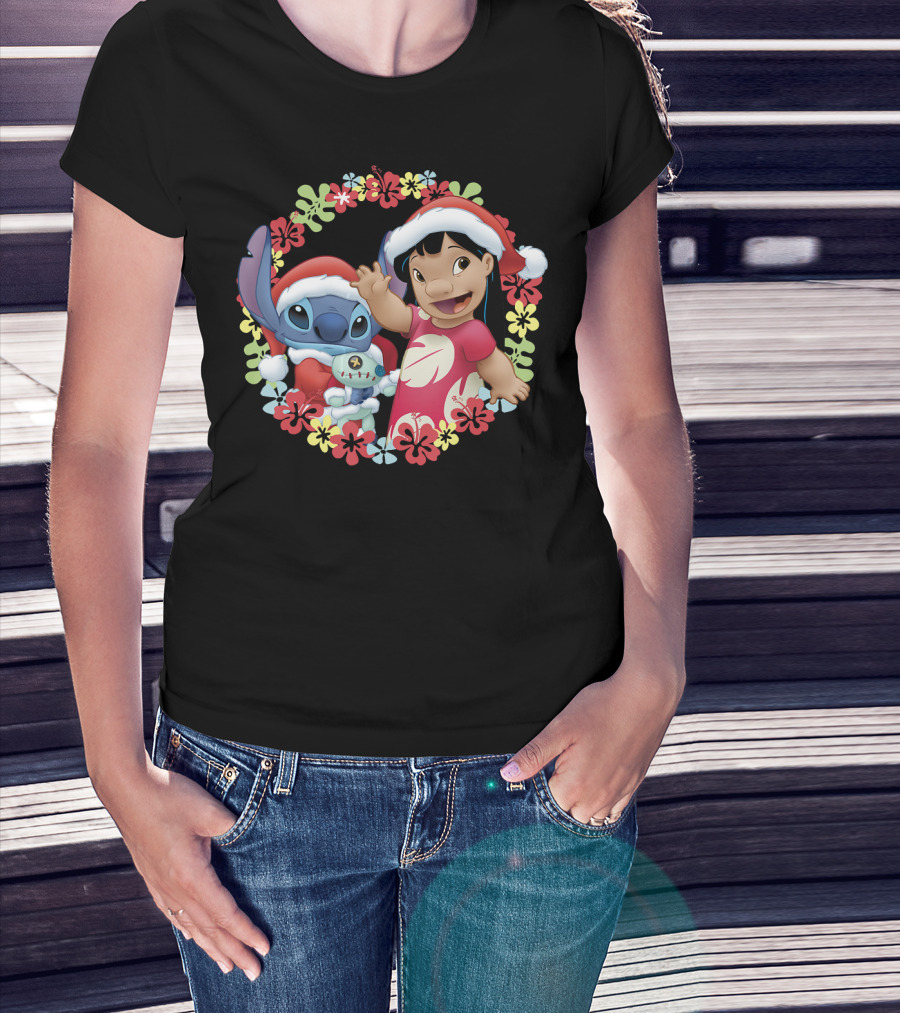 Disney Lilo And Stitch Christmas Santa Hats Hawaiian Flower Wreath T-Shirt