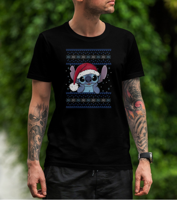 Disney Lilo Stitch Christmas Santa Hat UglyStyle Snowflakes T-Shirt