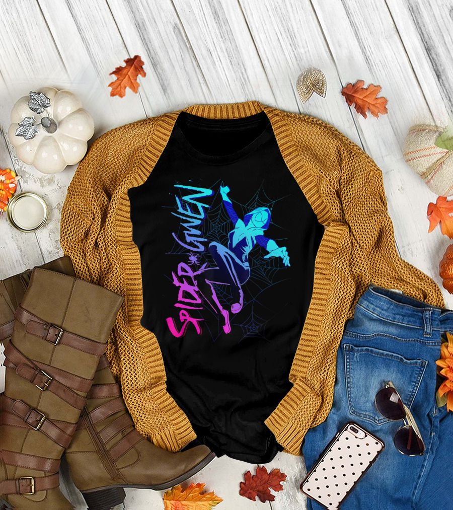 Marvel Spider Gwen Neon Gradient Web Jumping Pose T-Shirt