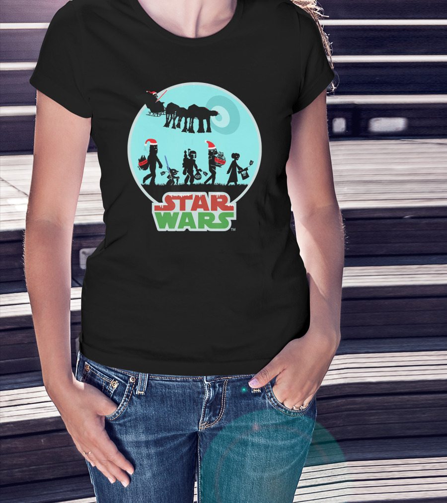 Star Wars Holiday Characters With Santa Hats And Death Star T-Shirt