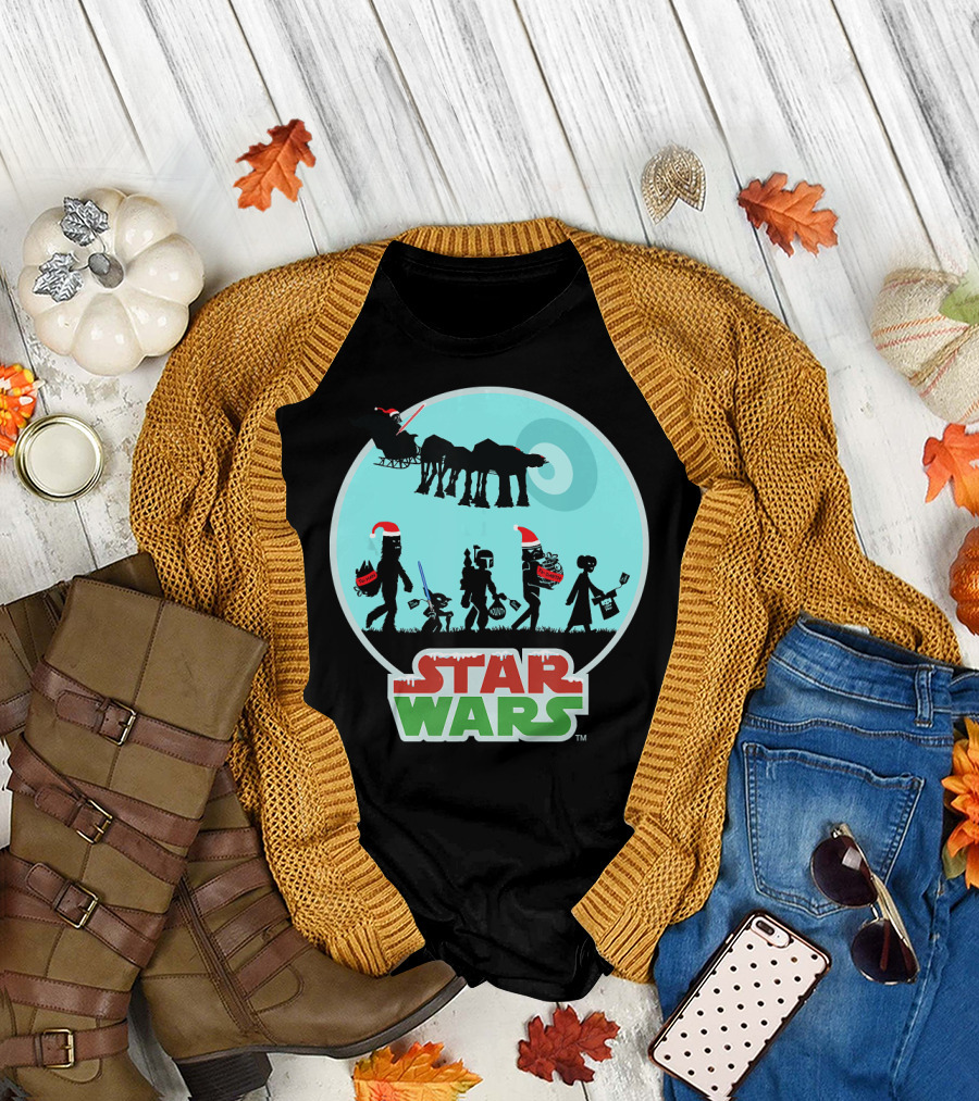 Star Wars Holiday Characters with Santa Hats and Death Star T-Shirt