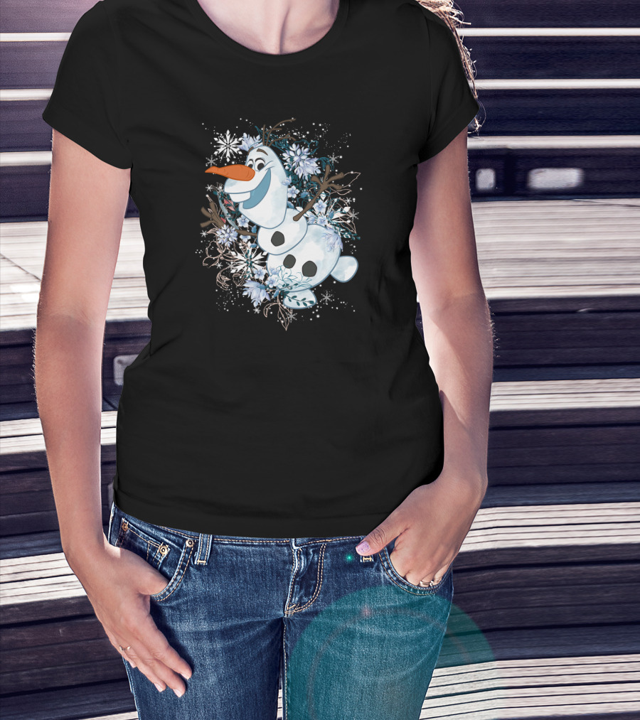 Disney Frozen Olaf Joyfully Dancing Among Snowflakes And Flowers T-Shirt