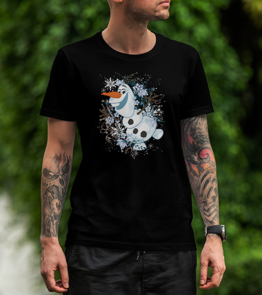 Disney Frozen Olaf Joyfully Dancing Among Snowflakes And Flowers T-Shirt