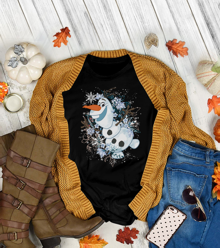 Disney Frozen Olaf Joyfully Dancing Among Snowflakes and Flowers T-Shirt