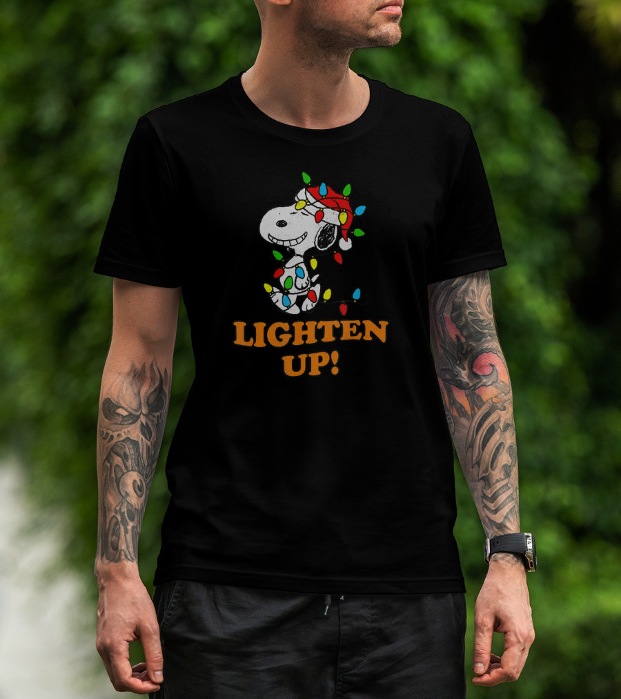 Peanuts Snoopy Christmas Lighten Up With Holiday Lights And Santa Hat T-Shirt