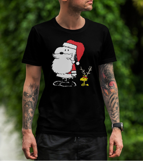 Snoopy Santa With Woodstock Antlers Peanuts Holiday T-Shirt