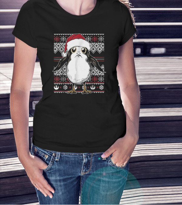 Star Wars Porg Santa Hat Christmas Sweater Pattern Rebel Alliance Snowflakes T-Shirt