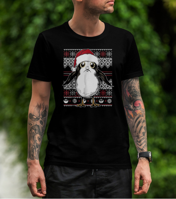 Star Wars Porg Santa Hat Christmas Sweater Pattern Rebel Alliance Snowflakes T-Shirt