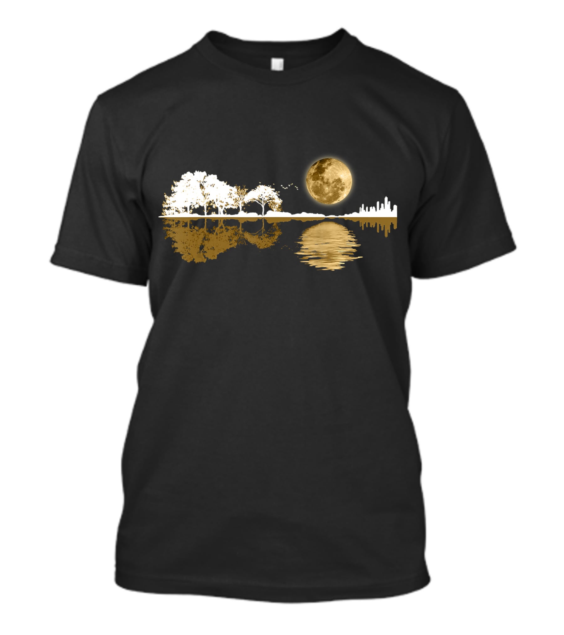 Acoustic Guitar Player Birthday Moonlit Lakeside Reflection T-Shirt
