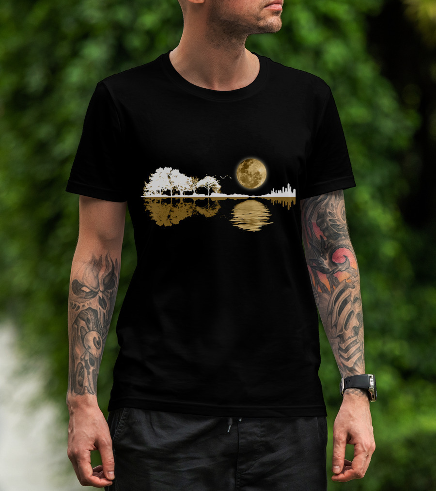 Acoustic Guitar Player Birthday Moonlit Lakeside Reflection T-Shirt