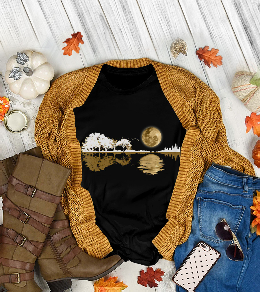 Acoustic Guitar Player Birthday Moonlit Lakeside Reflection T-Shirt