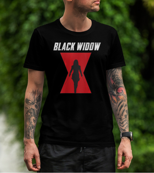 Black Widow Silhouette Red Hourglass Emblem T-Shirt