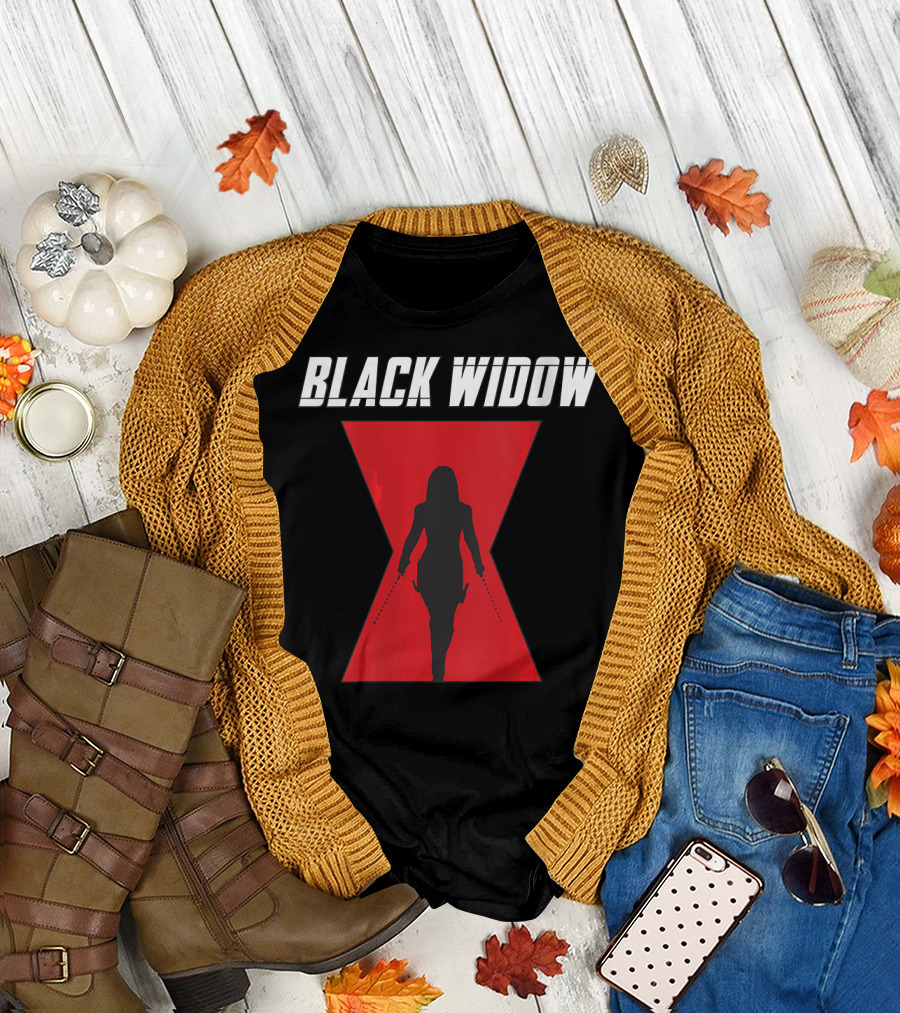 Black Widow Silhouette Red Hourglass Emblem T-Shirt