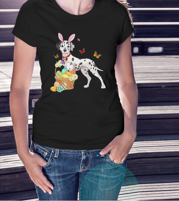 Dalmatian With Bunny Ears Holding Easter Egg Basket And Butterflies T-Shirt