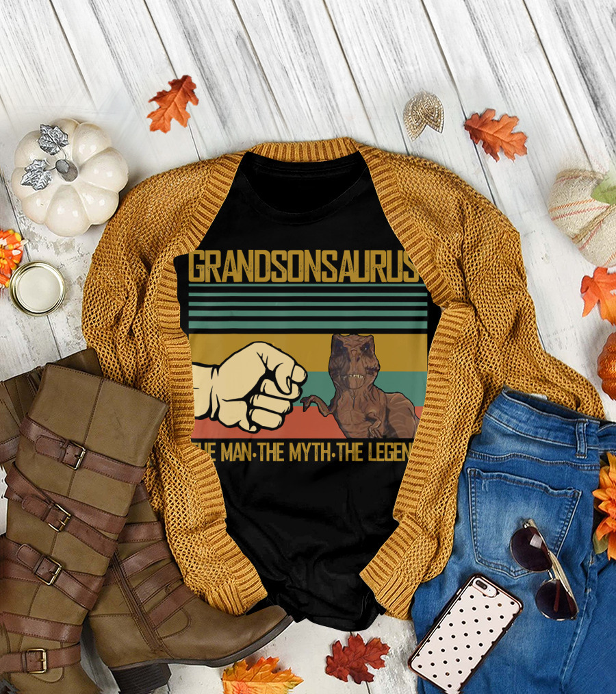 Grandsonsaurus The Man The Myth The Legend Dinosaur Fist Retro Stripes T-Shirt