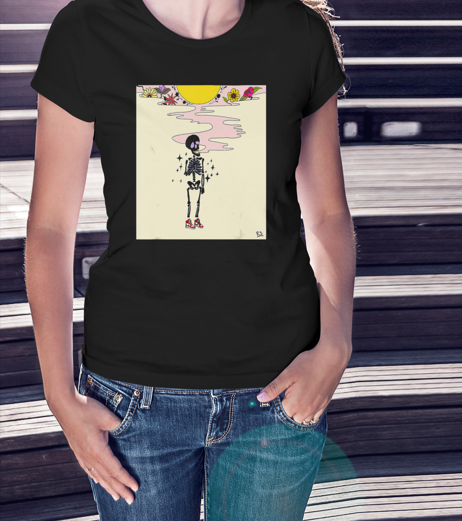 Smoking Skeleton Sun Flowers Sneakers Graphic Fashion T-Shirt