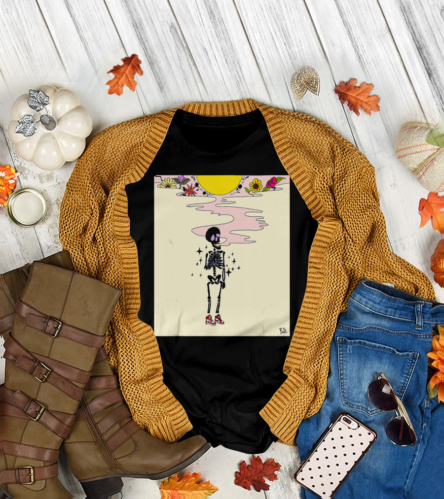 Smoking Skeleton Sun Flowers Sneakers Graphic Fashion T-Shirt