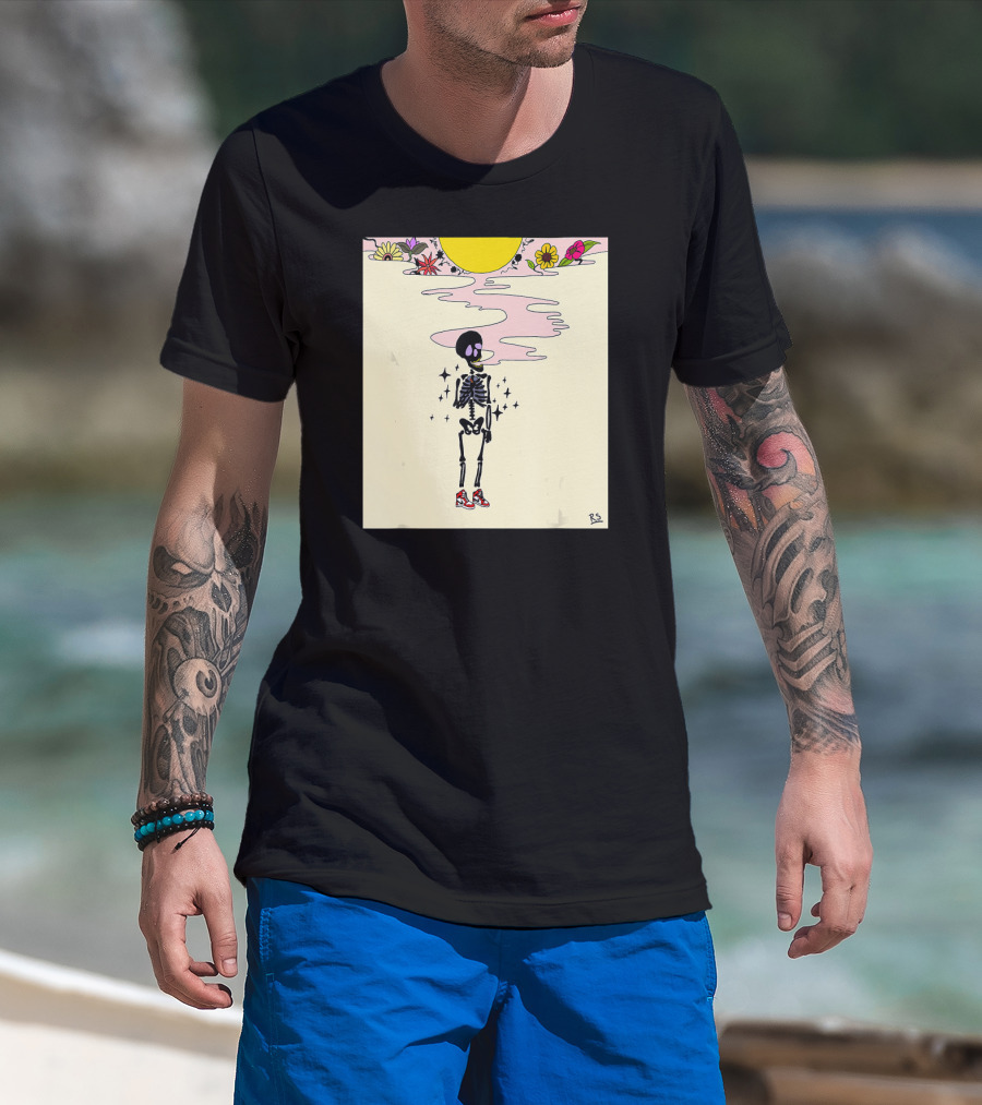 Smoking Skeleton Sun Flowers Sneakers Graphic Fashion T-Shirt