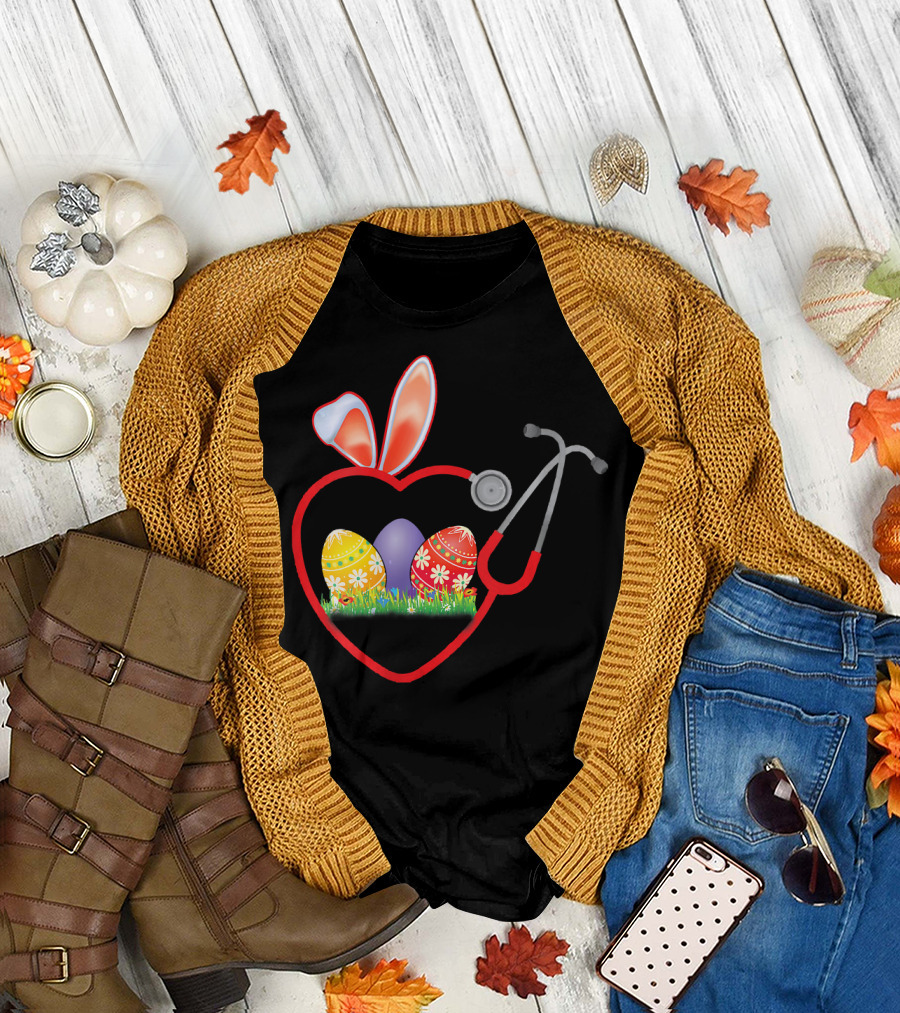 Stethoscope Heart Bunny Ears Easter Eggs Nurse T-Shirt